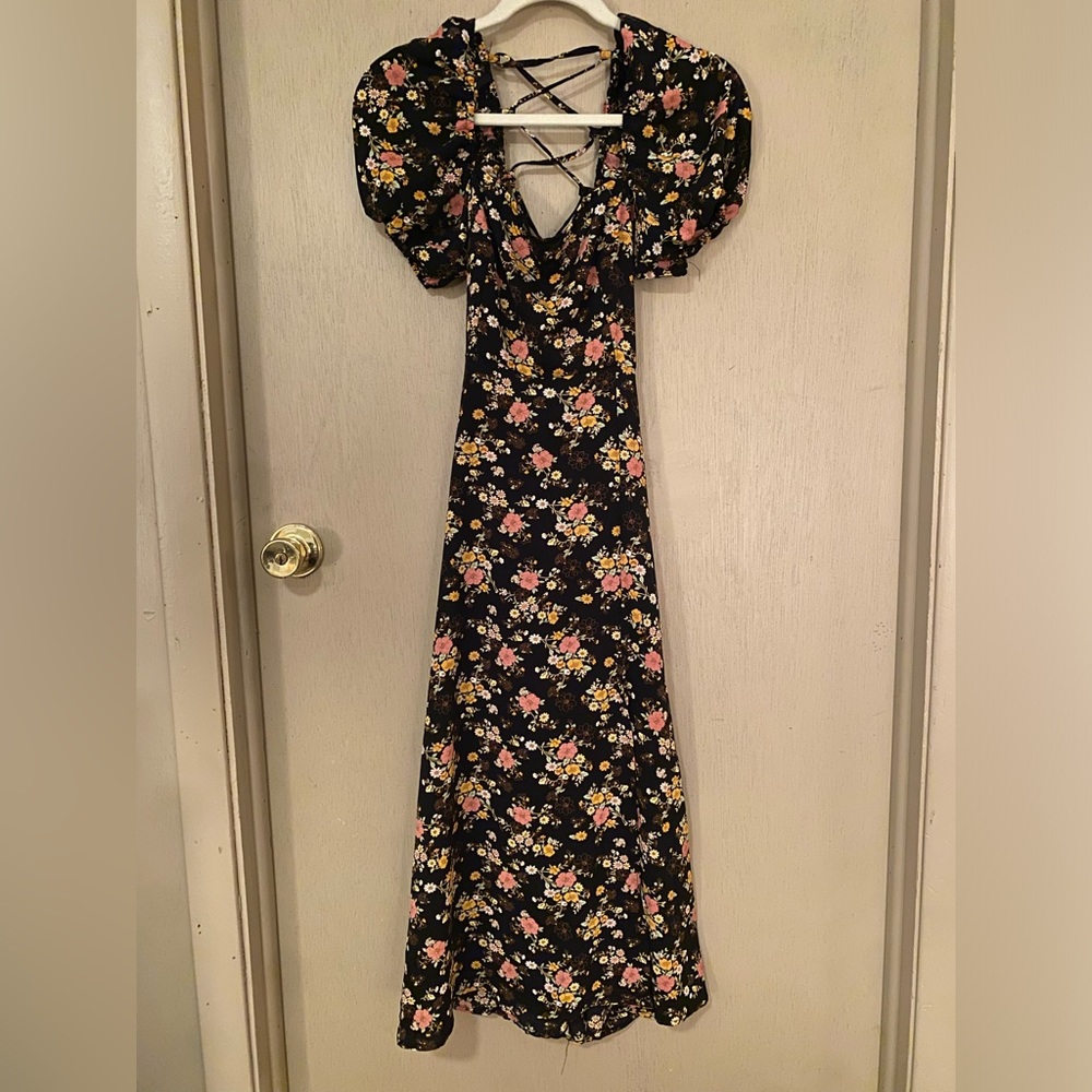 Floral lace up open back dress